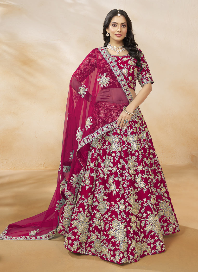 Raspberry Pink Art Silk Embroidered Wedding Lehenga Choli