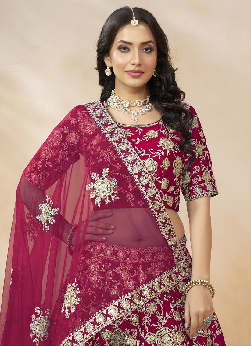 Raspberry Pink Art Silk Embroidered Wedding Lehenga Choli