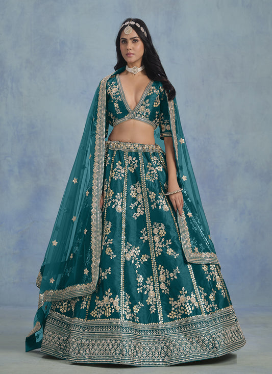 Alluring Morpich Art Silk Sequins Embroidered Lehenga Choli Set