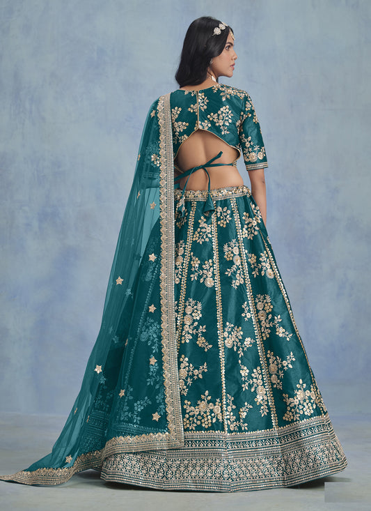 Alluring Morpich Art Silk Sequins Embroidered Lehenga Choli Set
