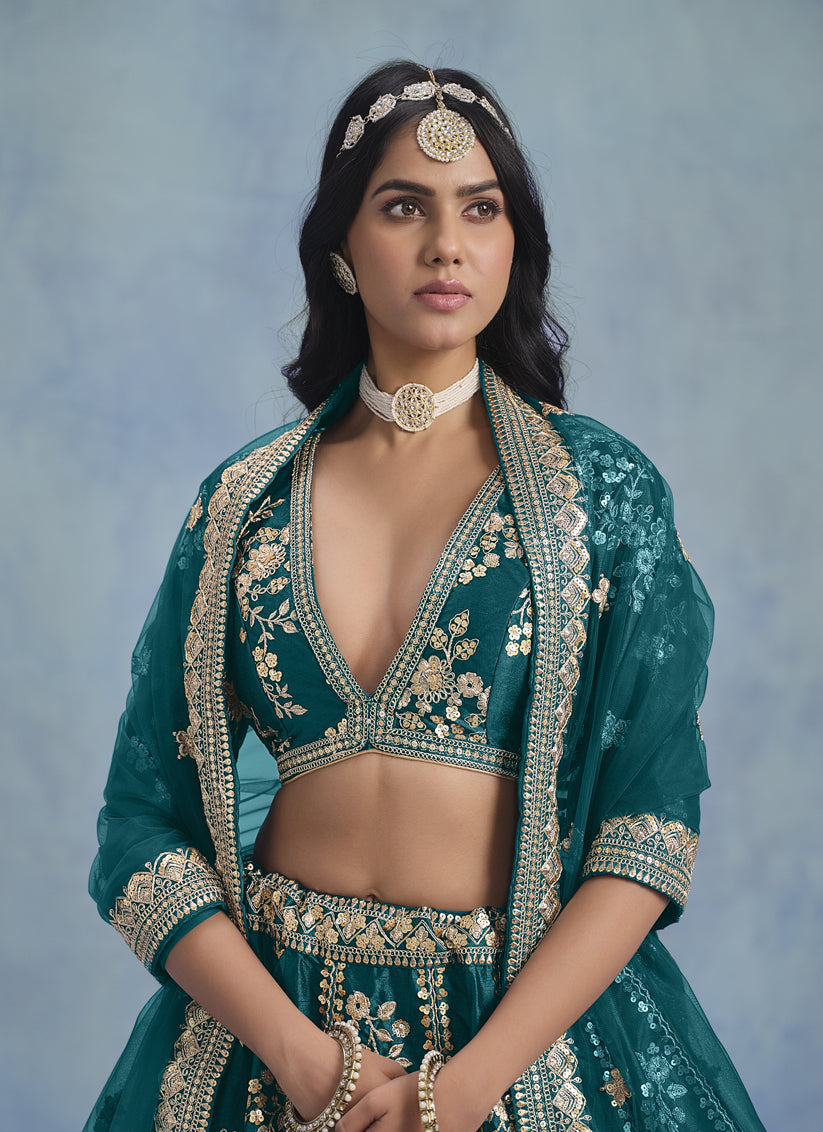 Alluring Morpich Art Silk Sequins Embroidered Lehenga Choli Set