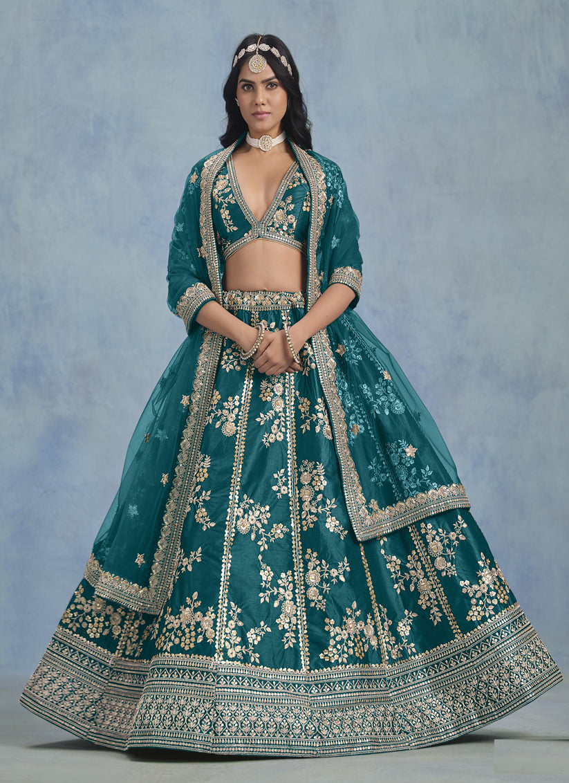Alluring Morpich Art Silk Sequins Embroidered Lehenga Choli Set