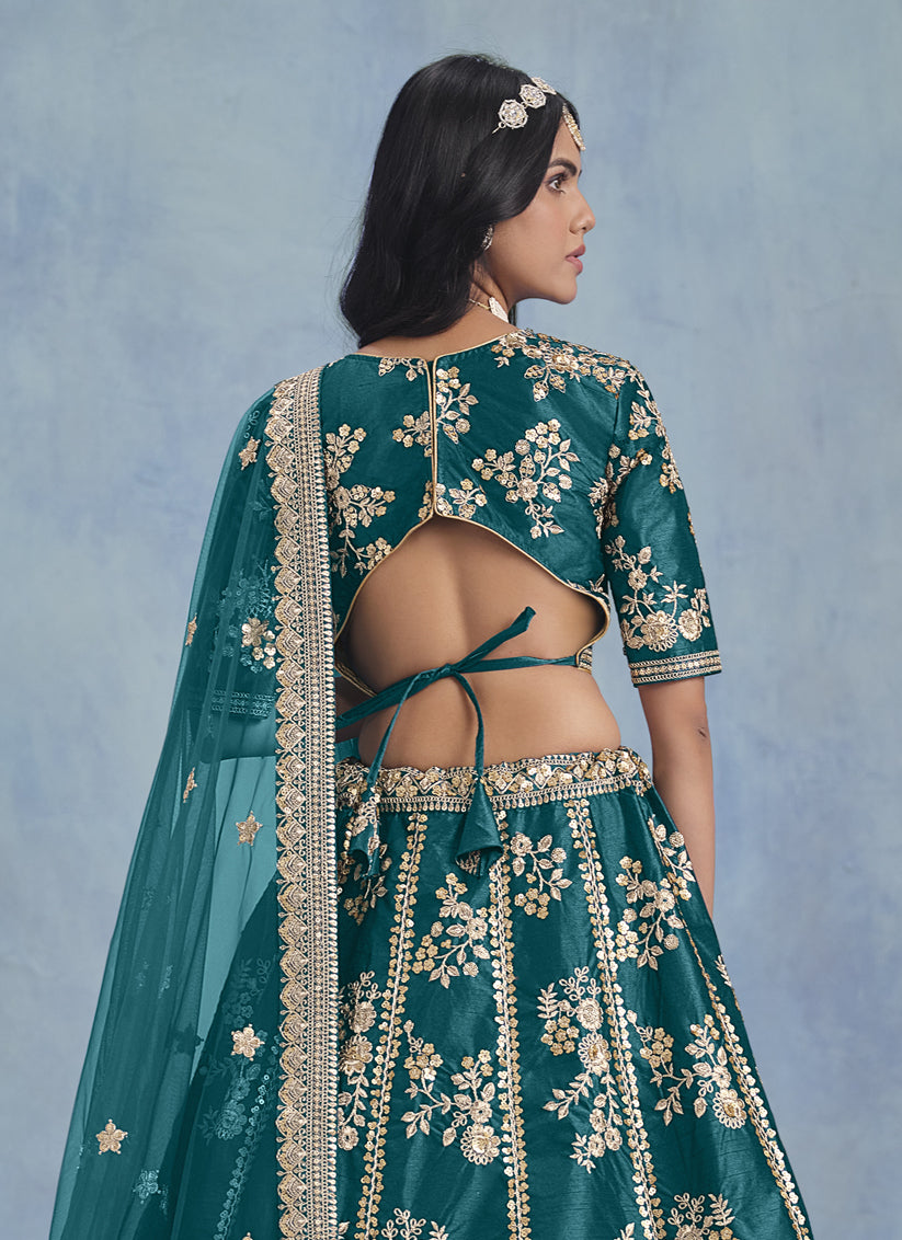 Alluring Morpich Art Silk Sequins Embroidered Lehenga Choli Set