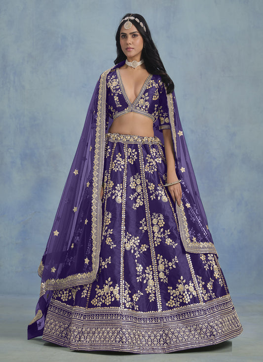 Captivating Violet Art Silk Sequins Embroidered Lehenga Choli Set