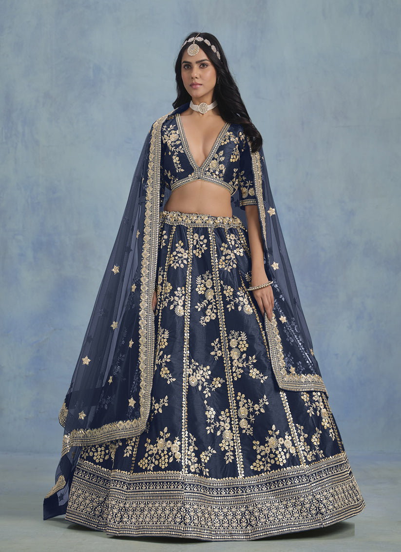 Mesmerizing Midnight Blue Art Silk Sequins Embroidered Lehenga Choli Set