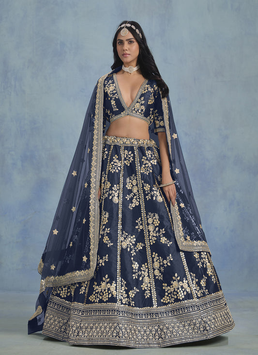 Mesmerizing Midnight Blue Art Silk Sequins Embroidered Lehenga Choli Set