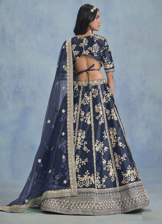 Mesmerizing Midnight Blue Art Silk Sequins Embroidered Lehenga Choli Set