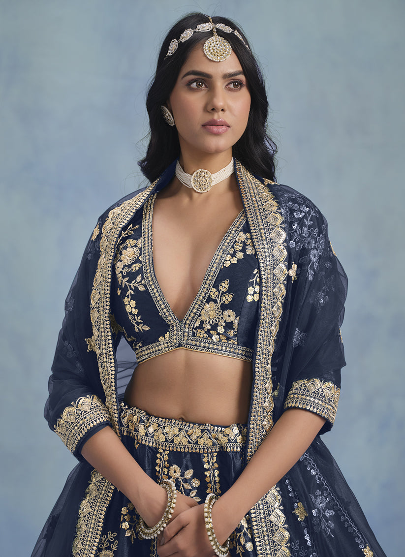Mesmerizing Midnight Blue Art Silk Sequins Embroidered Lehenga Choli Set