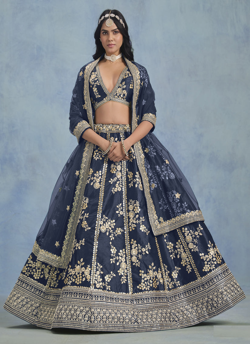 Mesmerizing Midnight Blue Art Silk Sequins Embroidered Lehenga Choli Set