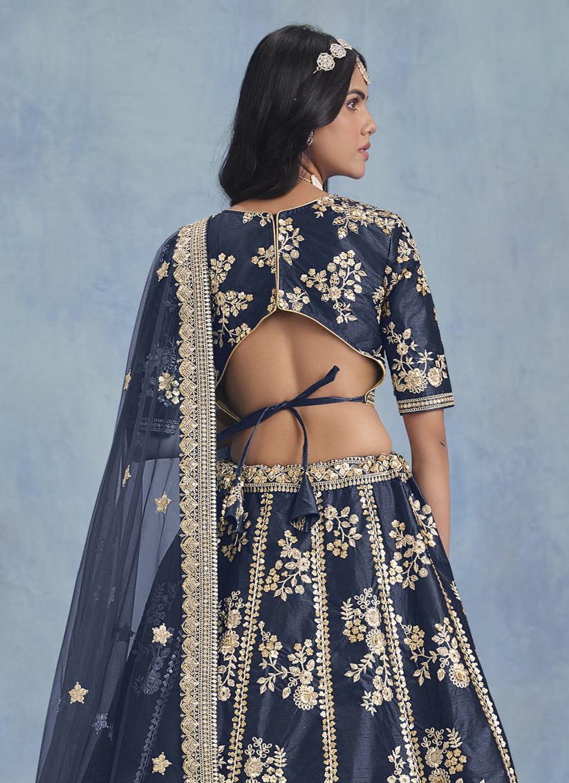 Mesmerizing Midnight Blue Art Silk Sequins Embroidered Lehenga Choli Set