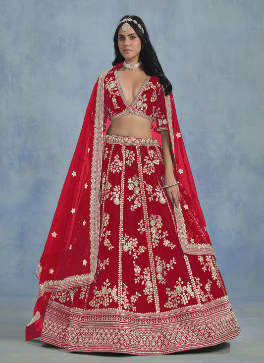 Fascinating Hot Red Art Silk Sequins Embroidered Lehenga Choli Set