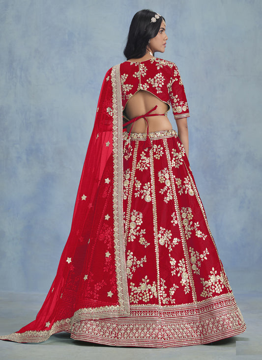 Fascinating Hot Red Art Silk Sequins Embroidered Lehenga Choli Set