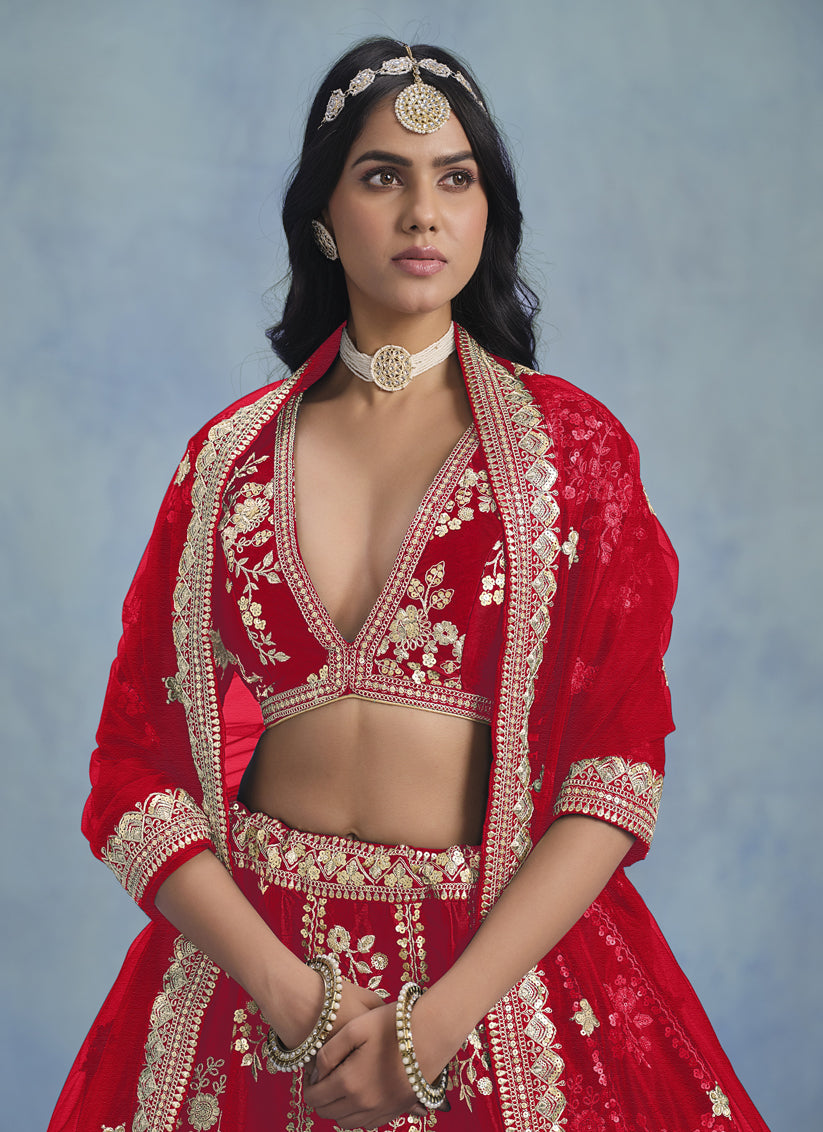 Fascinating Hot Red Art Silk Sequins Embroidered Lehenga Choli Set