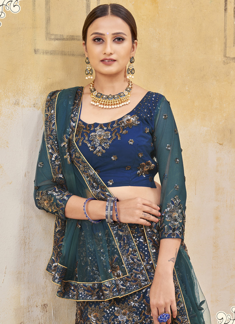 Peacock Blue Net Embroidered Lehenga Choli