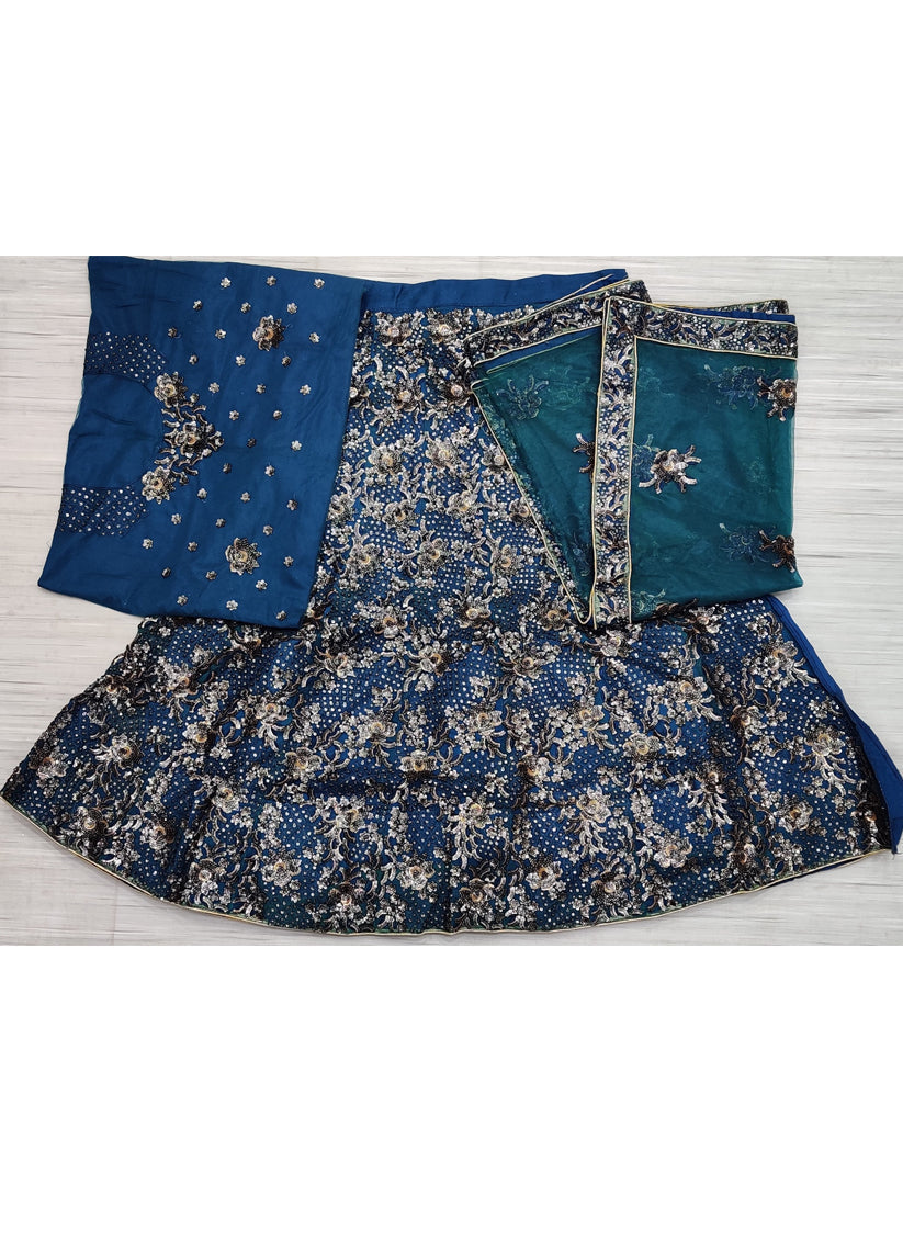 Peacock Blue Net Embroidered Lehenga Choli