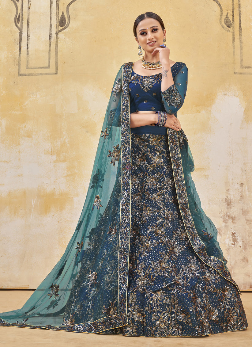Peacock Blue Net Embroidered Lehenga Choli
