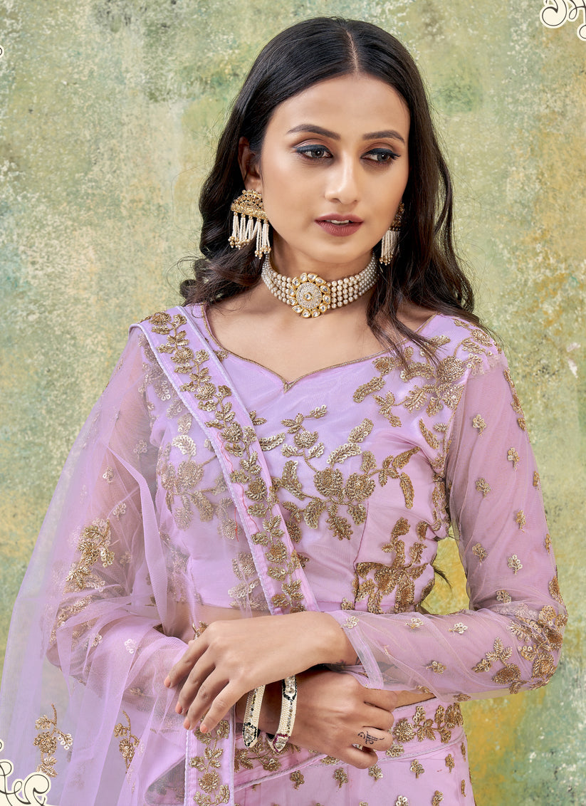 Lilac Net Embroidered Lehenga Choli