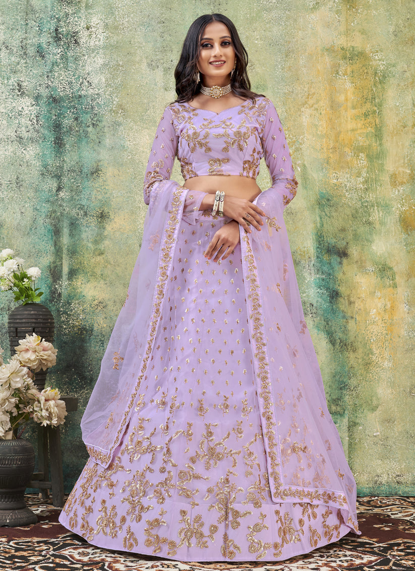 Lilac Net Embroidered Lehenga Choli