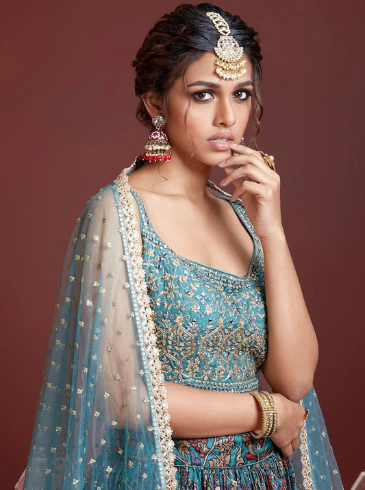 Awesome Sky Blue Chinnon Silk Embroidered Wedding Lehenga Choli