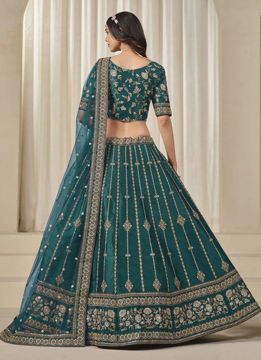 Amazing Rama Green Art Silk Embroidered Lehenga Choli Set