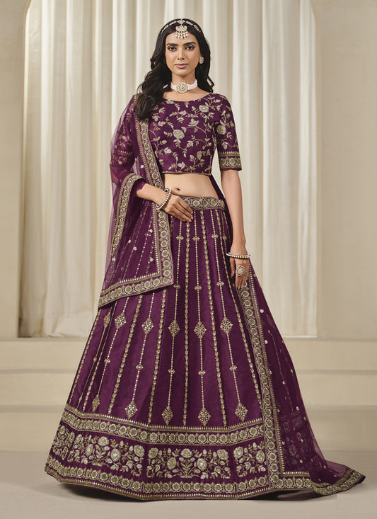 Delicate Wine Art Silk Embroidered Lehenga Choli Set
