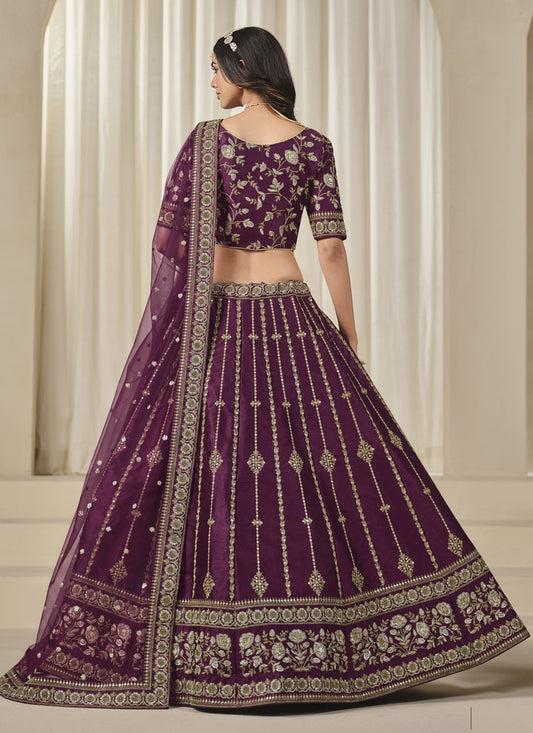 Delicate Wine Art Silk Embroidered Lehenga Choli Set