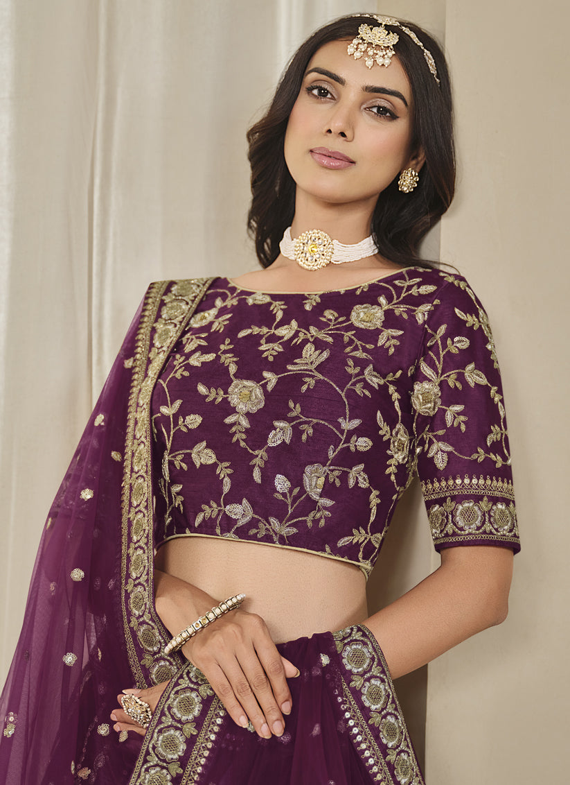 Delicate Wine Art Silk Embroidered Lehenga Choli Set