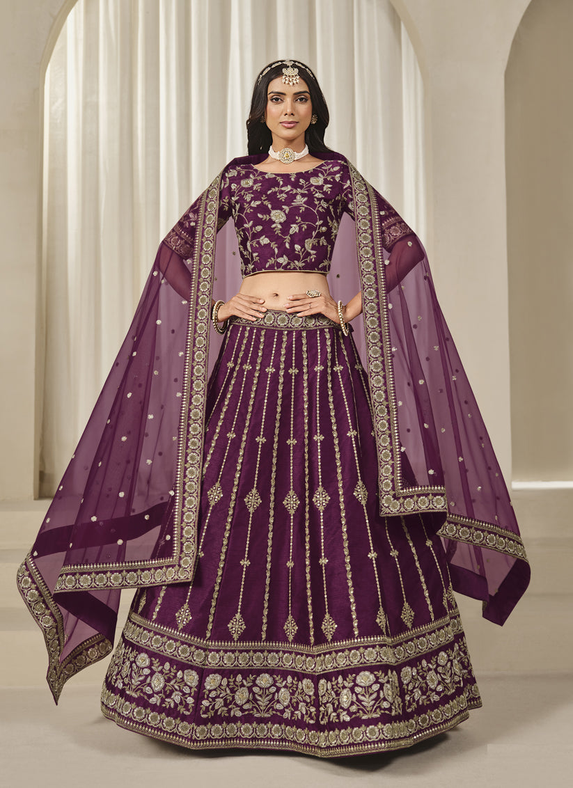 Delicate Wine Art Silk Embroidered Lehenga Choli Set