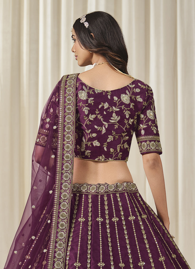 Delicate Wine Art Silk Embroidered Lehenga Choli Set