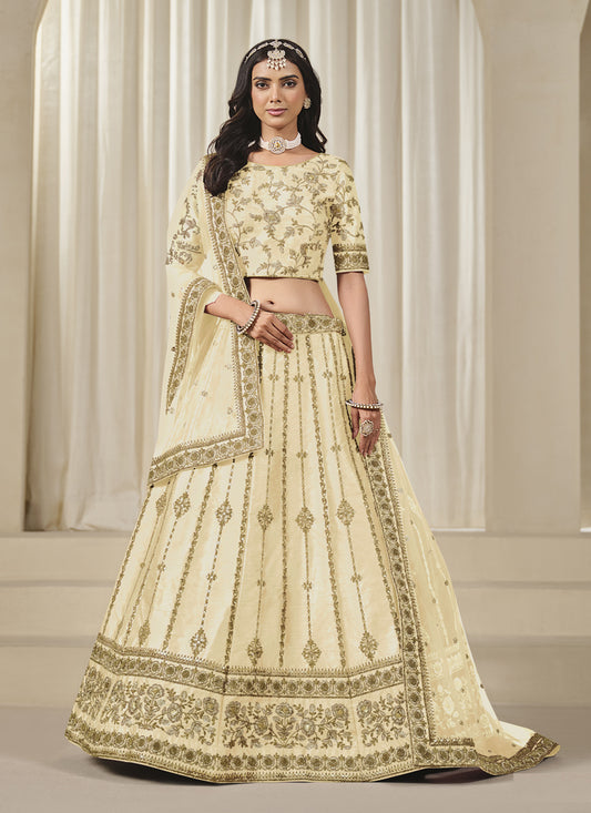 Sweet Cream Art Silk Heavy Embroidered Lehenga Choli Set