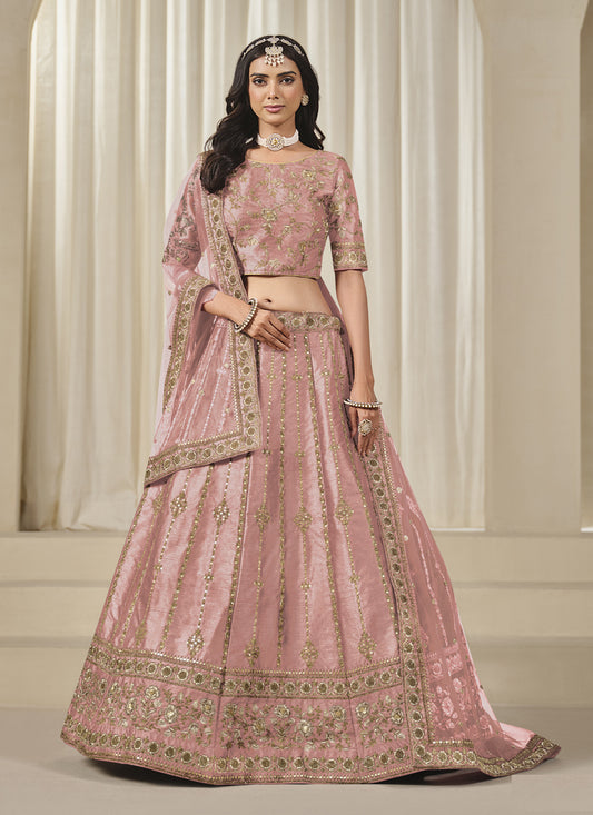 Adorable Coral Pink Art Silk Heavy Embroidered Lehenga Choli Set