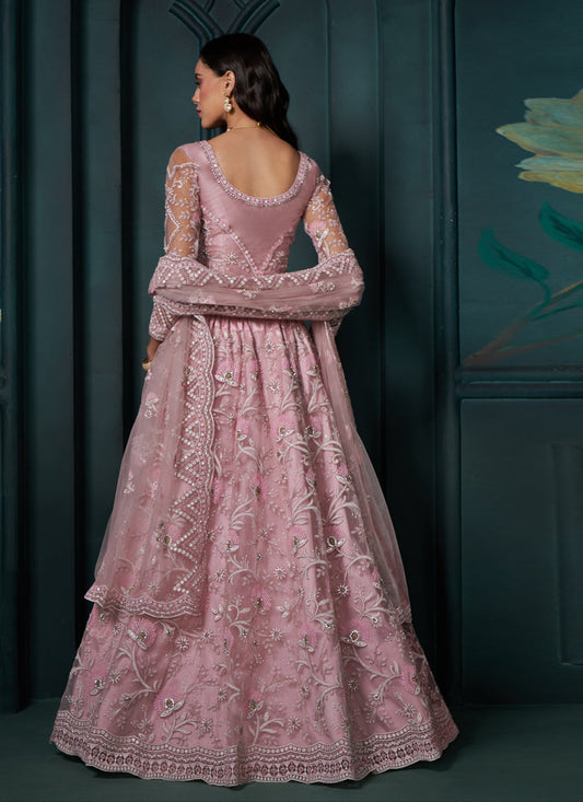 Carnation Pink Net Embroidered Designer Lehenga Choli Set