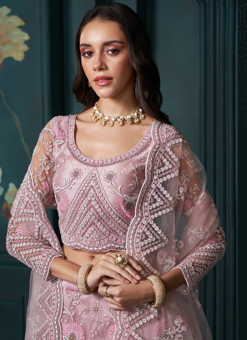Carnation Pink Net Embroidered Designer Lehenga Choli Set