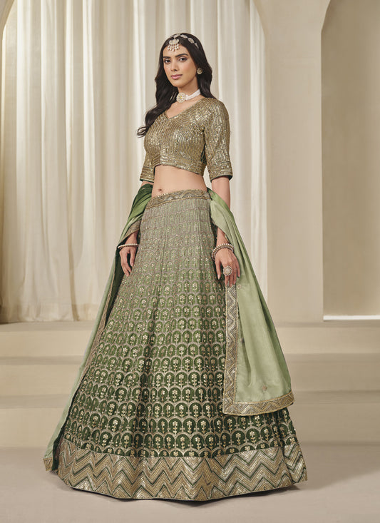 Elegant Olive Green Heavy Embroidered Premium Chinnon Silk Lehenga Choli Set