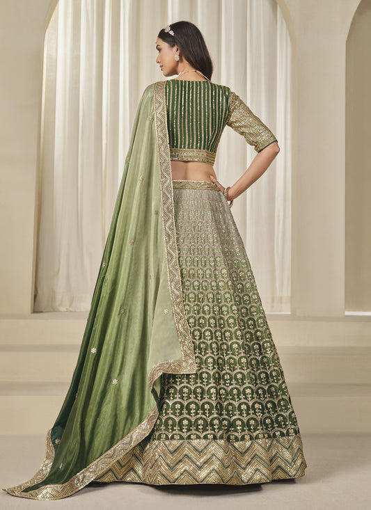 Elegant Olive Green Heavy Embroidered Premium Chinnon Silk Lehenga Choli Set