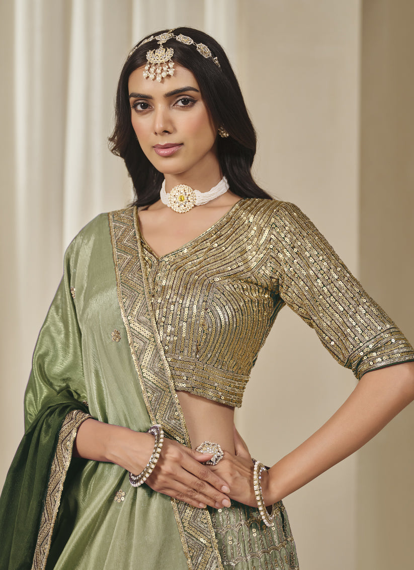 Elegant Olive Green Heavy Embroidered Premium Chinnon Silk Lehenga Choli Set
