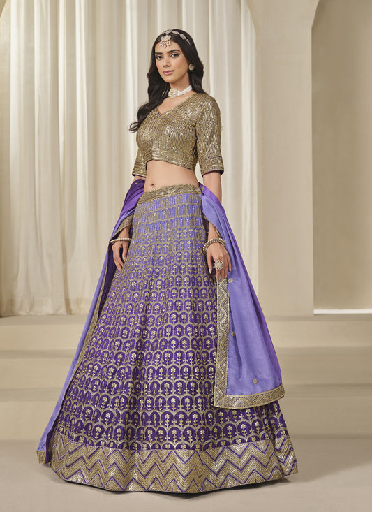 Ravishing Purple Heavy Embroidered Premium Chinnon Silk Lehenga Choli Set