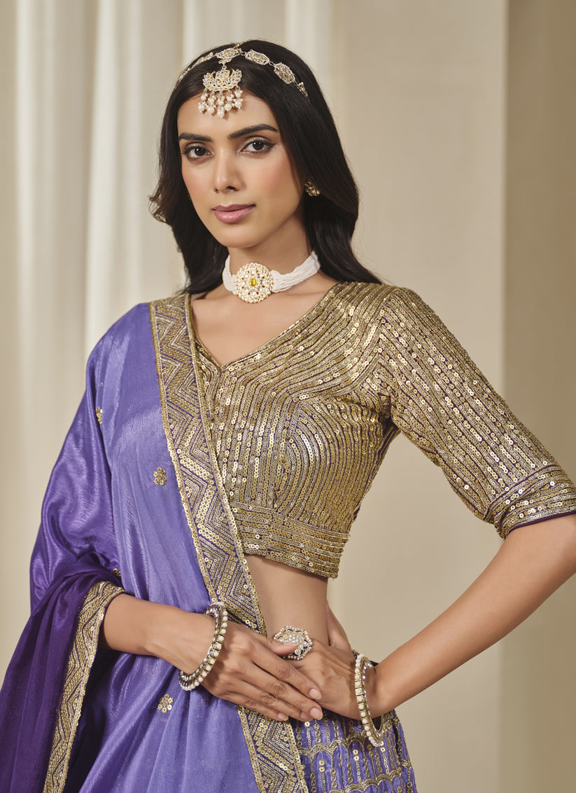 Ravishing Purple Heavy Embroidered Premium Chinnon Silk Lehenga Choli Set