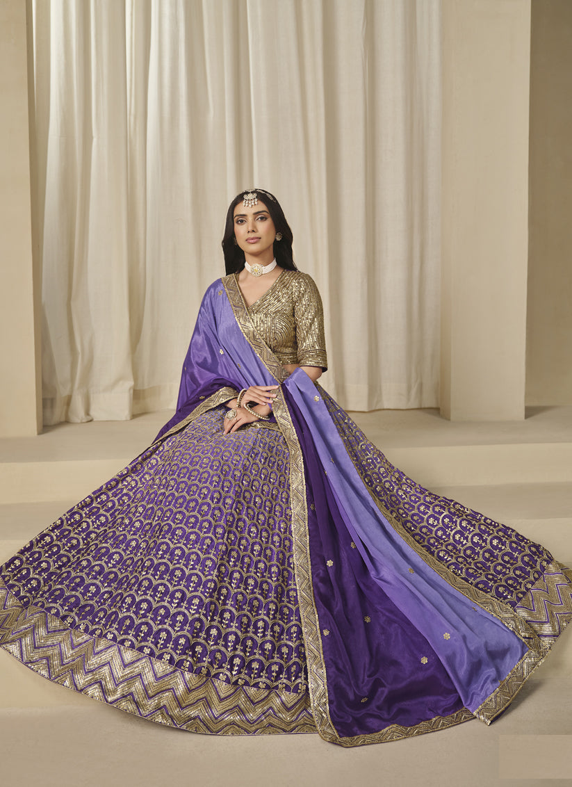 Ravishing Purple Heavy Embroidered Premium Chinnon Silk Lehenga Choli Set