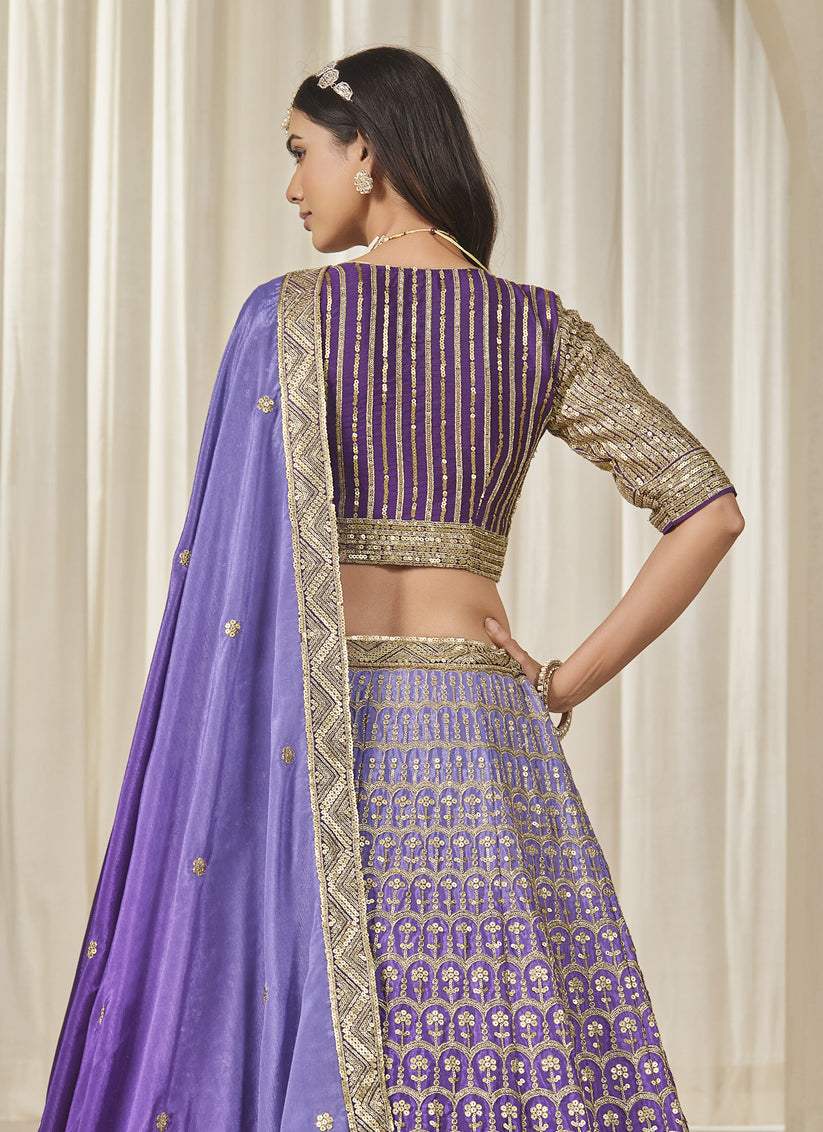 Ravishing Purple Heavy Embroidered Premium Chinnon Silk Lehenga Choli Set