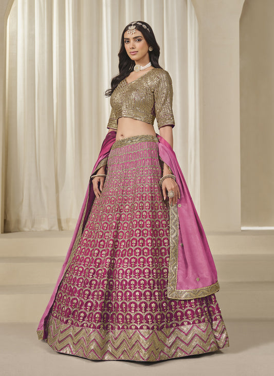 Pretty Rani Pink Heavy Embroidered Premium Chinnon Silk Lehenga Choli Set