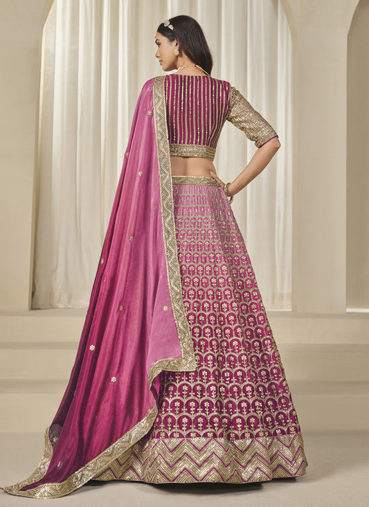 Pretty Rani Pink Heavy Embroidered Premium Chinnon Silk Lehenga Choli Set