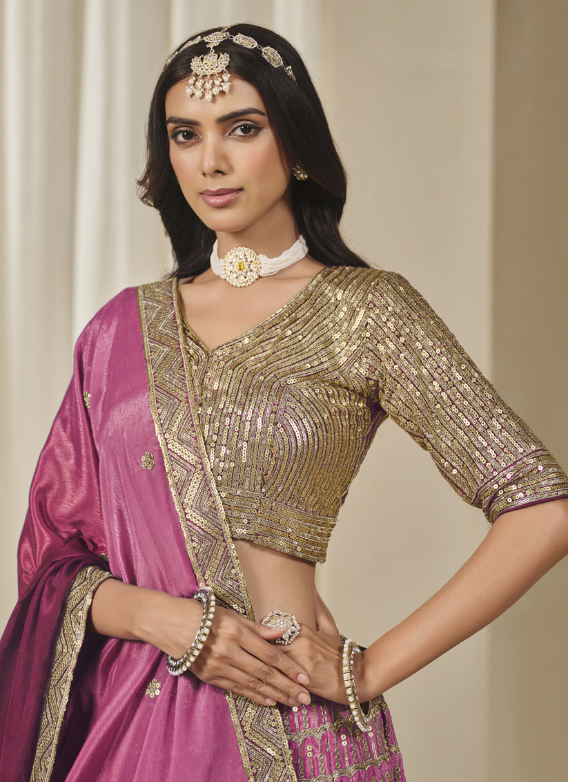 Pretty Rani Pink Heavy Embroidered Premium Chinnon Silk Lehenga Choli Set