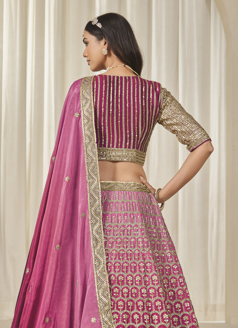 Pretty Rani Pink Heavy Embroidered Premium Chinnon Silk Lehenga Choli Set