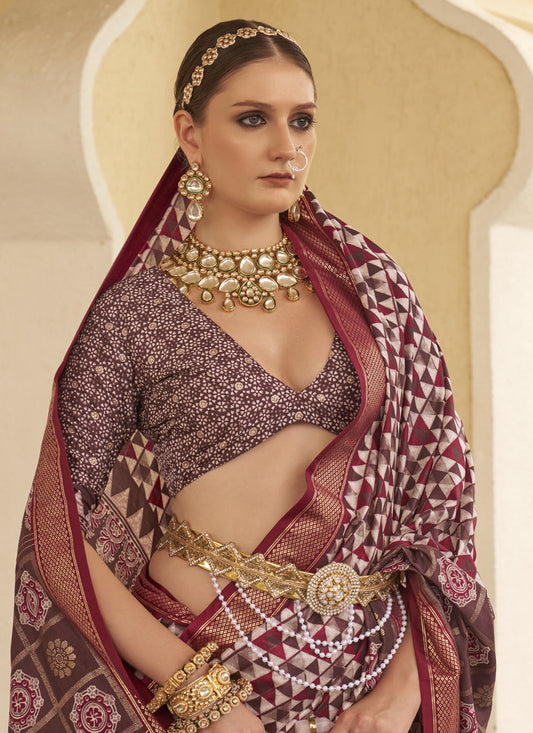 Maroon Silk Digital Printed Saree