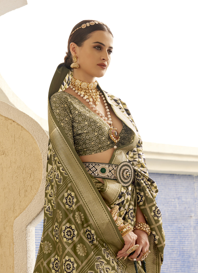 Olive Green Silk Digital Printed Saree