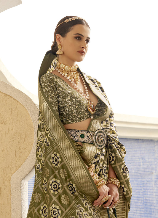 Olive Green Silk Digital Printed Saree