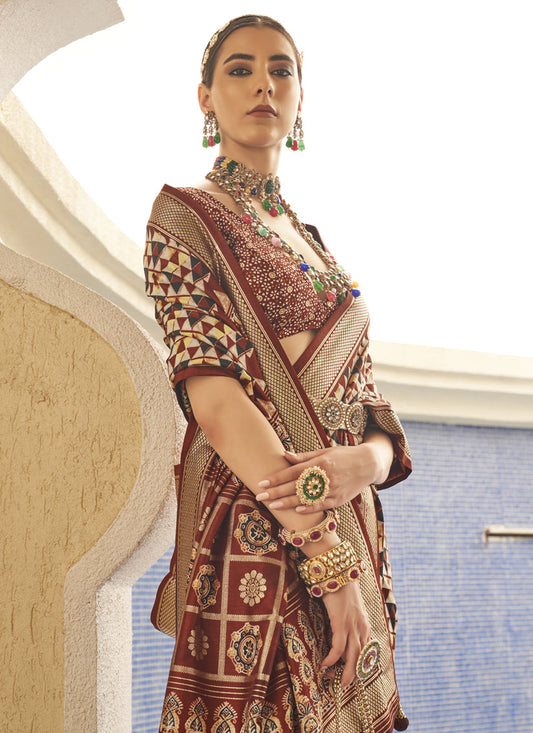 Maroon Silk Digital Printed Saree