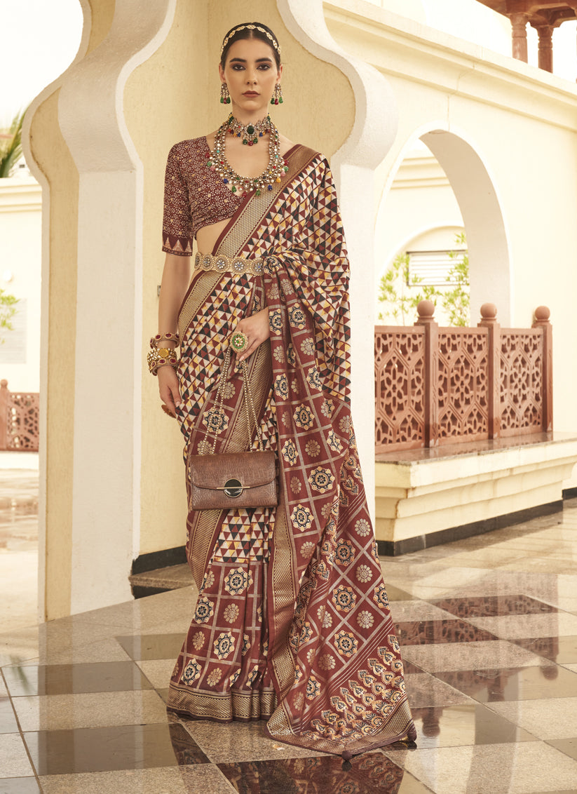 Maroon Silk Digital Printed Saree