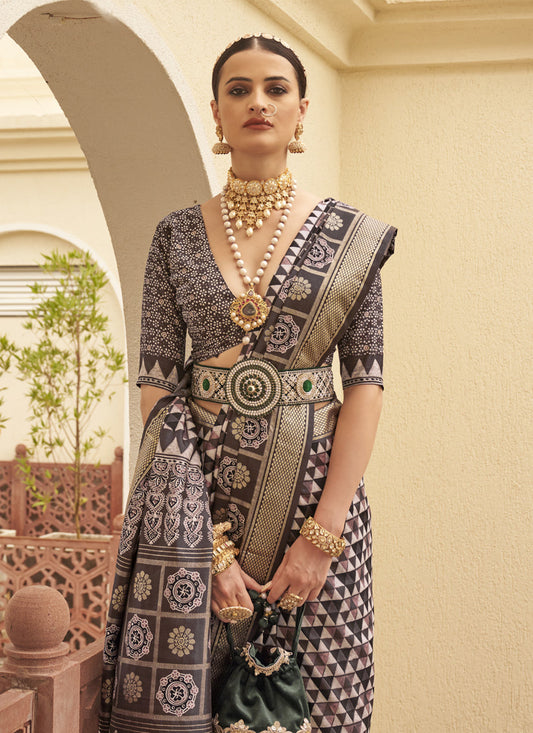 Grey Silk Digital Printed Saree